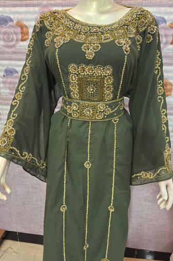      Green Hand-Embroidered Stitched Kaftan with Golden Detailing | Premium Party & Occasion Wear Abaya     