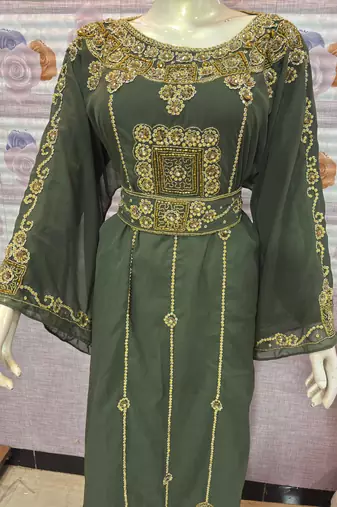      Green Hand-Embroidered Stitched Kaftan with Golden Detailing | Premium Party & Occasion Wear Abaya     
