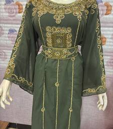 Green Hand-Embroidered Stitched Kaftan with Golden Detailing | Premium Party & Occasion Wear Abaya