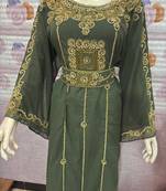      Green Hand-Embroidered Stitched Kaftan with Golden Detailing | Premium Party & Occasion Wear Abaya     