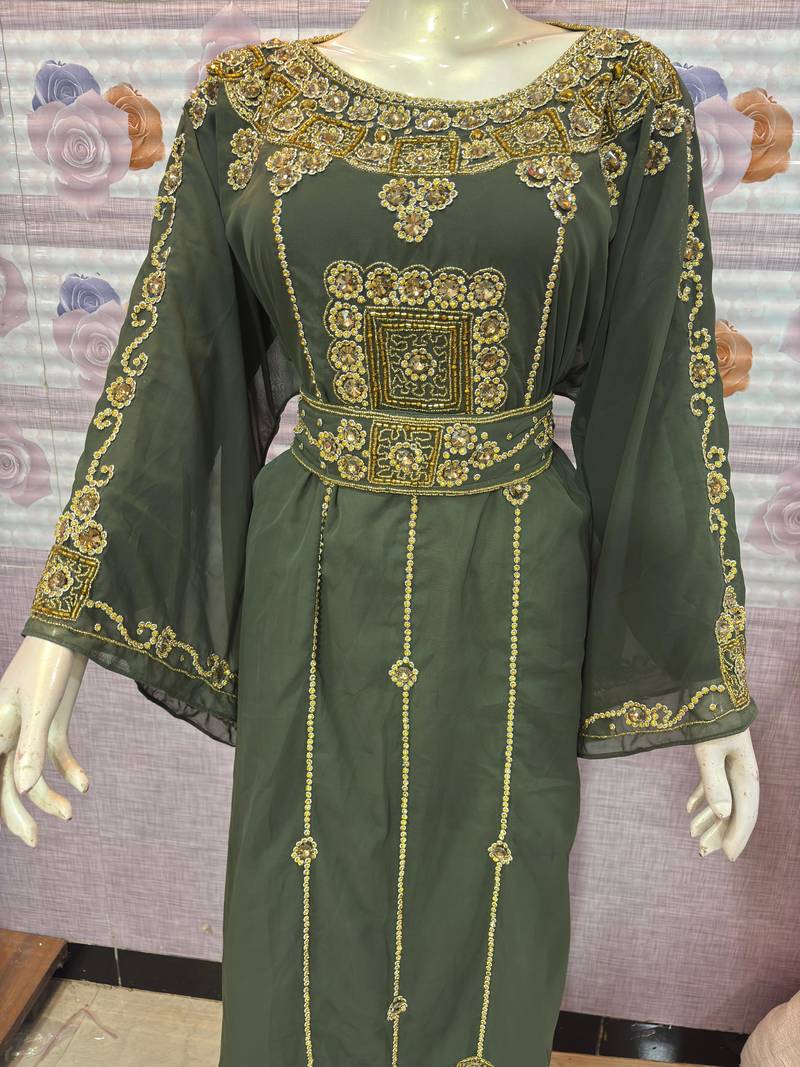Green Hand-Embroidered Stitched Kaftan with Golden Detailing | Premium Party & Occasion Wear Abaya