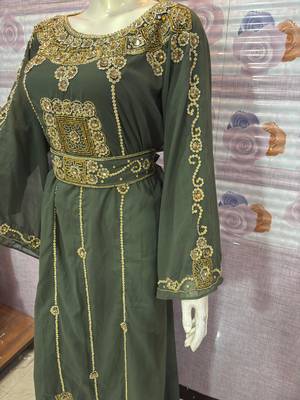      Green Hand-Embroidered Stitched Kaftan with Golden Detailing | Premium Party & Occasion Wear Abaya      2