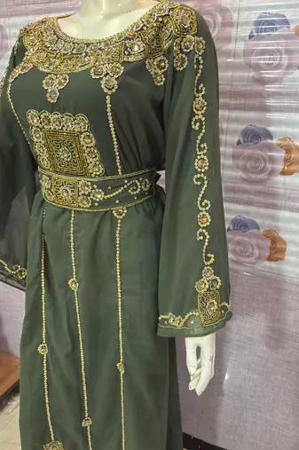      Green Hand-Embroidered Stitched Kaftan with Golden Detailing | Premium Party & Occasion Wear Abaya     