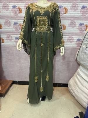      Green Hand-Embroidered Stitched Kaftan with Golden Detailing | Premium Party & Occasion Wear Abaya      3