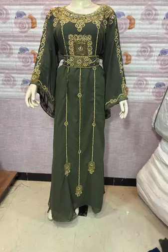      Green Hand-Embroidered Stitched Kaftan with Golden Detailing | Premium Party & Occasion Wear Abaya     