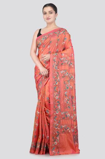 Pink dual tone handloom silk embroidered katha stitch work saree with blouse piece