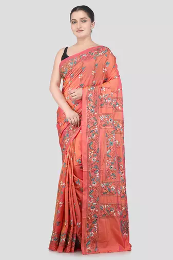 Pink dual tone handloom silk embroidered katha stitch work saree with blouse piece