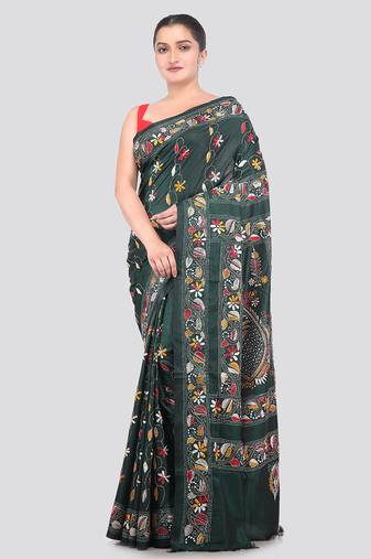 Green handloom silk embroidered katha stitch work saree with blouse piece
