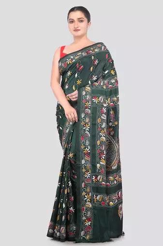 Green handloom silk embroidered katha stitch work saree with blouse piece