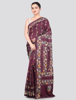 Multicolour handloom silk embroidered katha stitch work saree with blouse piece 1