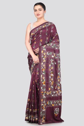 Multicolour handloom silk embroidered katha stitch work saree with blouse piece