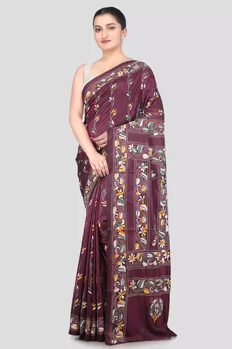 Multicolour handloom silk embroidered katha stitch work saree with blouse piece