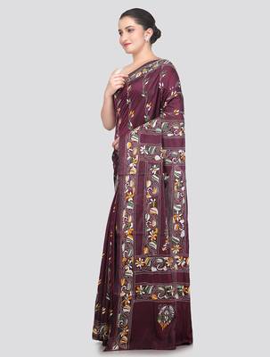 Multicolour handloom silk embroidered katha stitch work saree with blouse piece 2