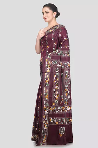Multicolour handloom silk embroidered katha stitch work saree with blouse piece