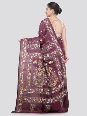 Multicolour handloom silk embroidered katha stitch work saree with blouse piece 3