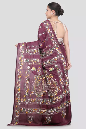 Multicolour handloom silk embroidered katha stitch work saree with blouse piece