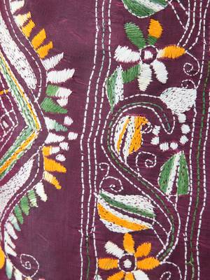Multicolour handloom silk embroidered katha stitch work saree with blouse piece 4