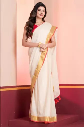 Cream and red handloom mul cotton bengal saree with zari and tassels, without blouse