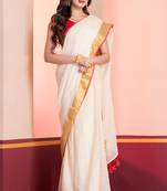 Cream and red handloom mul cotton bengal saree with zari and tassels, without blouse