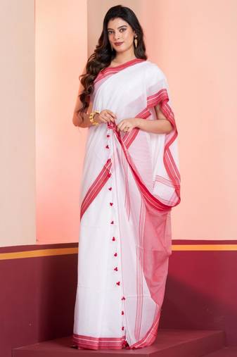 Laal paar handloom mul cotton bengal saree with tassels, with blouse