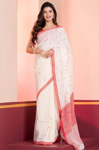 Cream and red handloom mark buti jamdani bengal cotton saree, with blouse