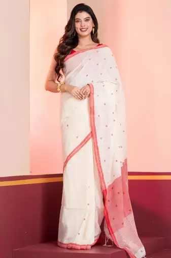 Cream and red handloom mark buti jamdani bengal cotton saree, with blouse