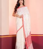 Cream and red handloom mark buti jamdani bengal cotton saree, with blouse