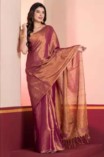 Purple golden dual tone linen tissue saree with zari, with blouse