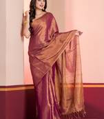 dual tone purple & gold linen tissue saree with zari work