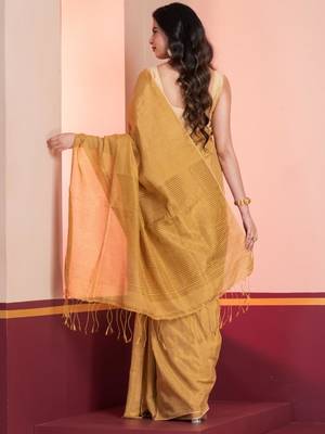 Golden linen tissue saree with zari, with blouse 2