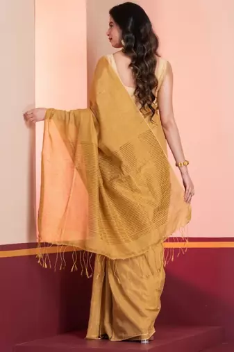 Golden linen tissue saree with zari, with blouse