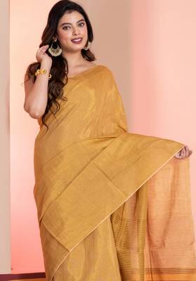 Golden linen tissue saree with zari, with blouse 3