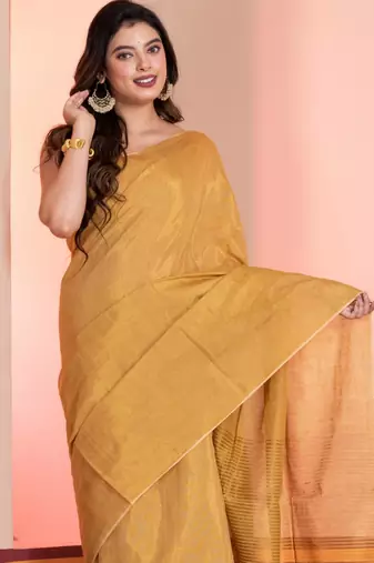 Golden linen tissue saree with zari, with blouse