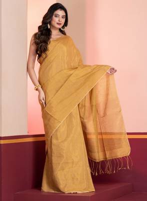 Golden linen tissue saree with zari, with blouse 1