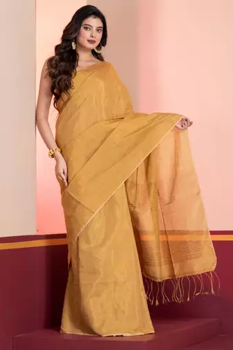 Golden linen tissue saree with zari, with blouse