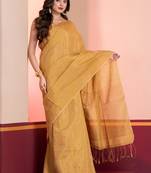 Golden linen tissue saree with zari, with blouse
