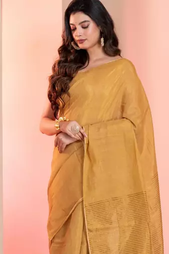Golden linen tissue saree with zari, with blouse