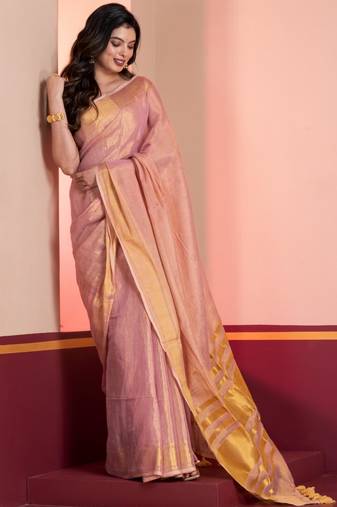 Pastel pink dual tone linen tissue saree with zari and tassels, with blouse