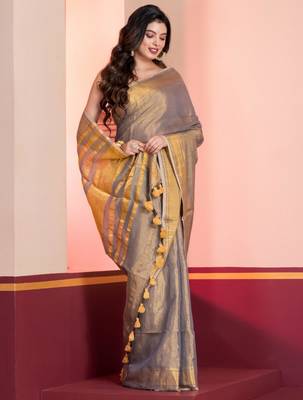 Grey gold dual tone linen tissue saree with zari and tassels, with blouse 1