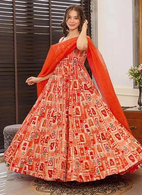 Red heavy digital printed silk gown style 1