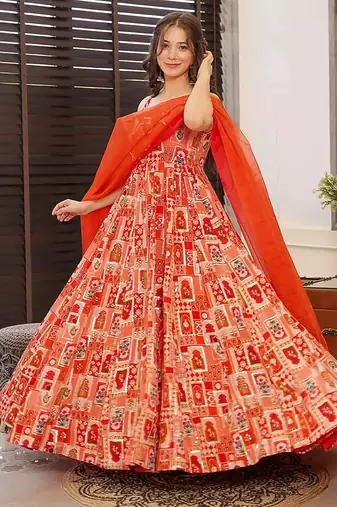 Red heavy digital printed silk gown style