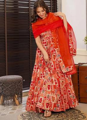 Red heavy digital printed silk gown style 2