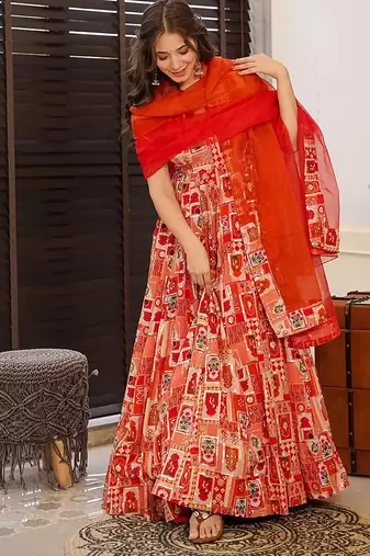 Red heavy digital printed silk gown style
