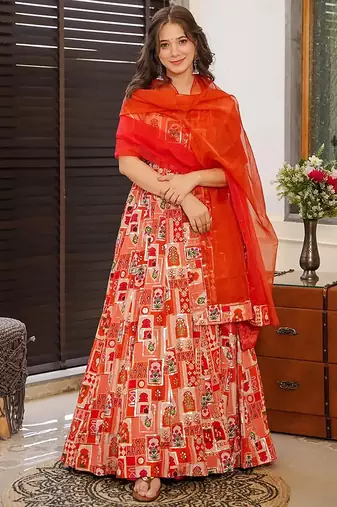 Red heavy digital printed silk gown style