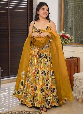 Yellow  heavy digital printed silk gown style 1