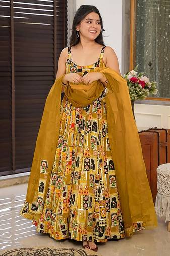 Yellow  heavy digital printed silk gown style