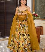Yellow  heavy digital printed silk gown style