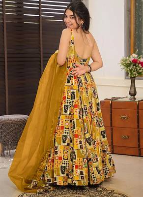 Yellow  heavy digital printed silk gown style 3