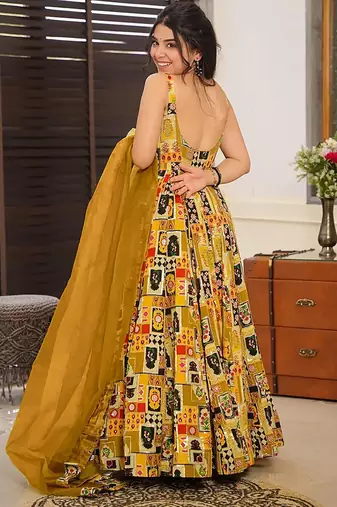 Yellow  heavy digital printed silk gown style