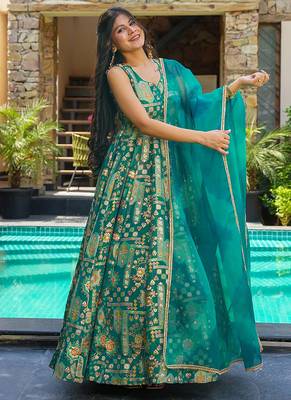 Sea green heavy digital printed silk gown style 1